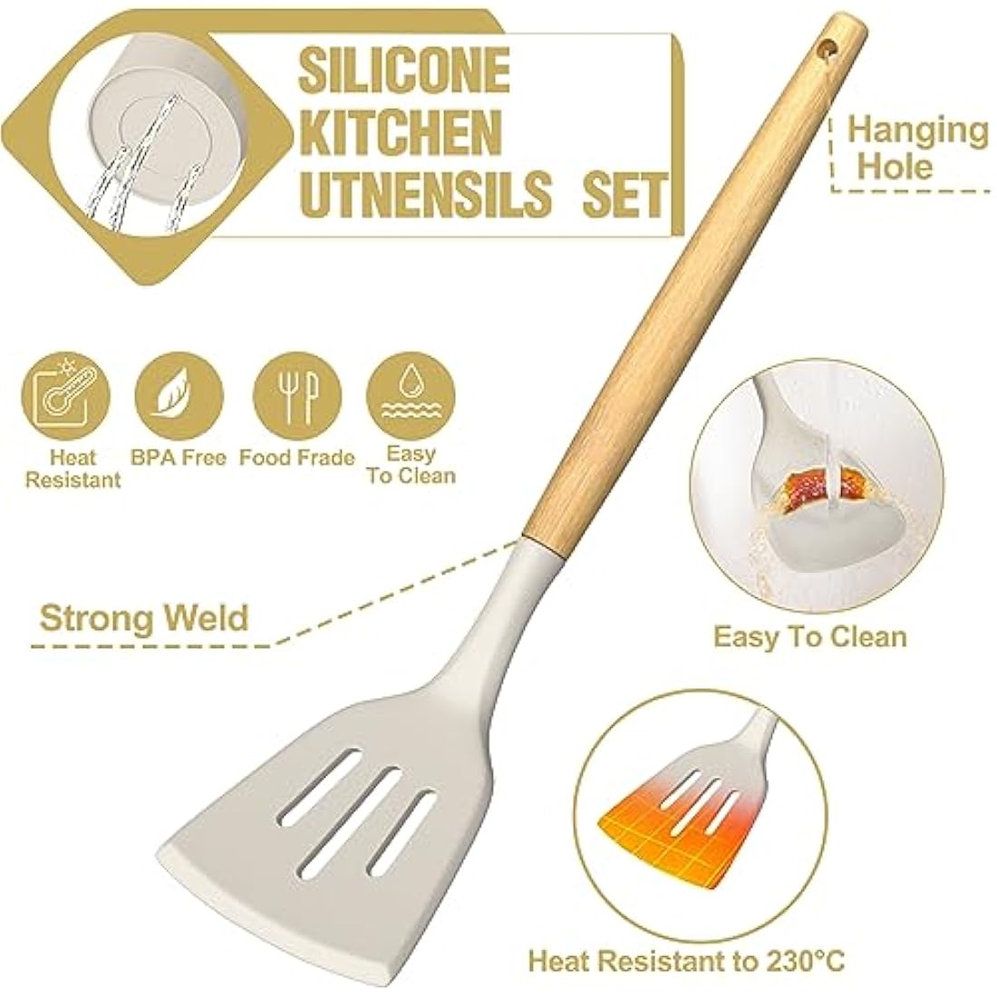 Terlulu 34-Piece Silicone Kitchen Utensils Set with Wooden Handles, Khaki