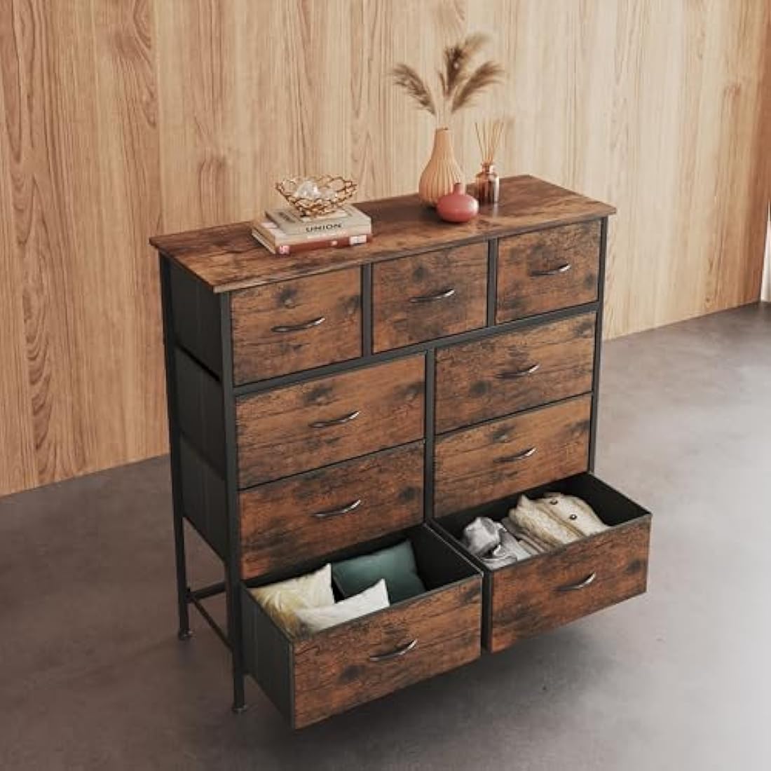 CAIYUN 9-Drawer Fabric Dresser | Rustic Brown Storage Chest for Bedroom