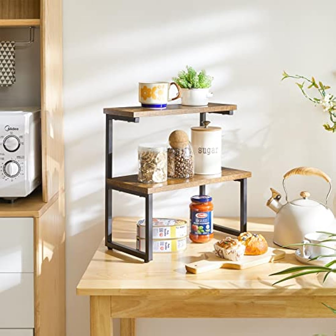 IBUYKE 2-Tier Spice Rack – Rustic Wood & Metal Kitchen Countertop Organizer