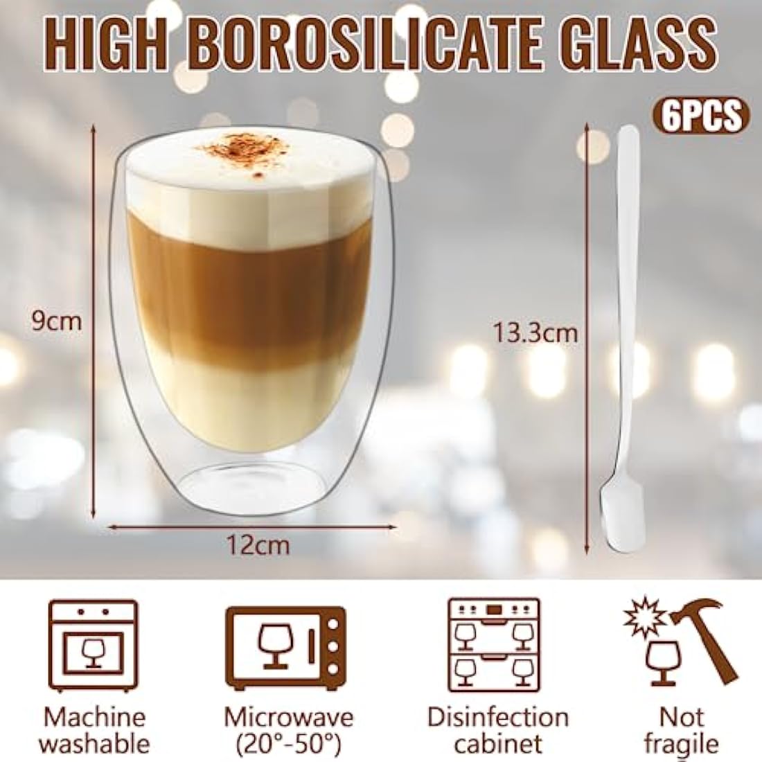 Jolof Store Double Walled Glass Coffee Mugs - 6pc 350ml Set with Spoons