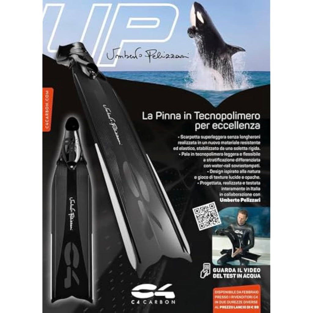 C4 Umberto Pelizzari Freediving Fins – Technopolymer Blade with 250 Foot Pocket