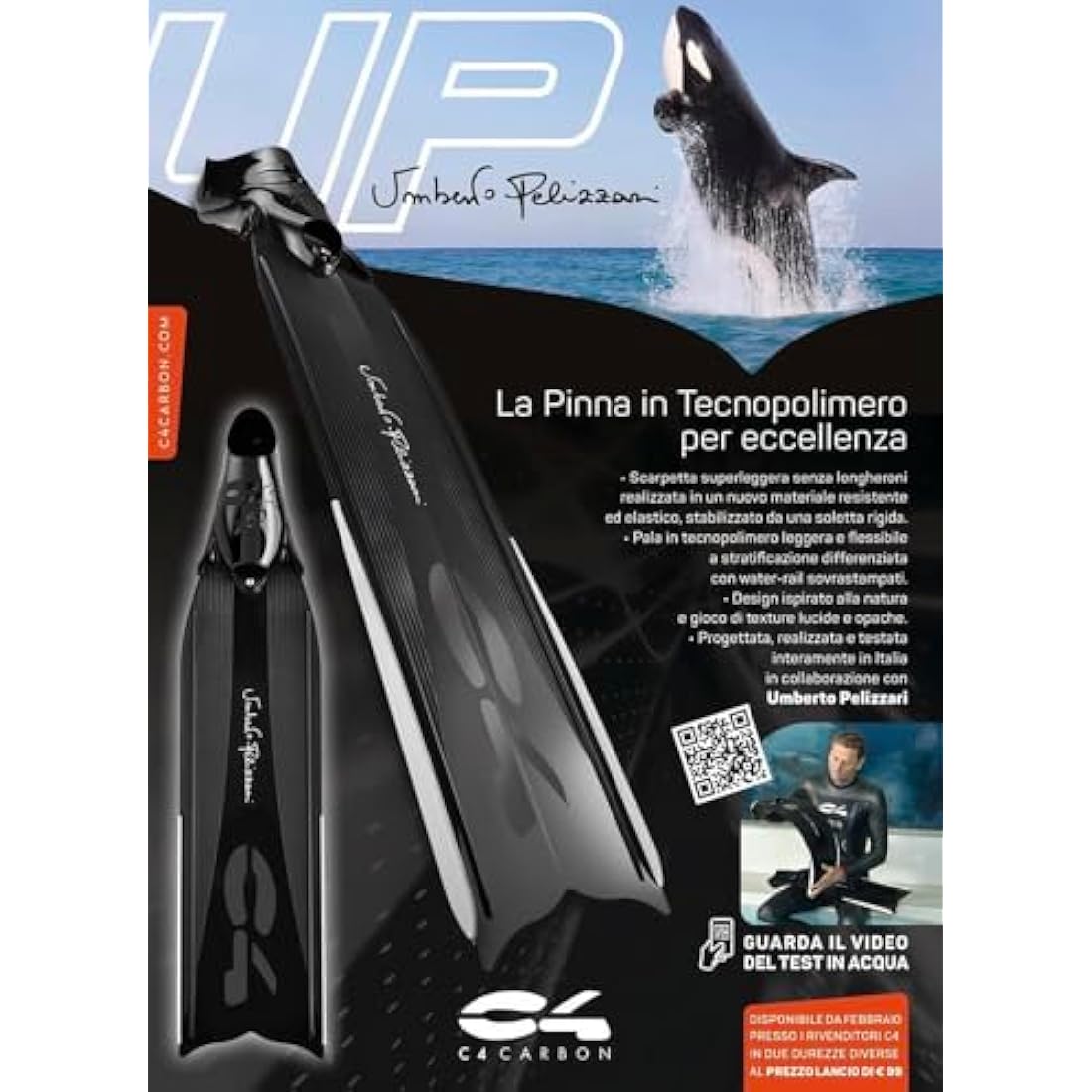 C4 Umberto Pelizzari Freediving Fins – Technopolymer Blade with 250 Foot Pocket