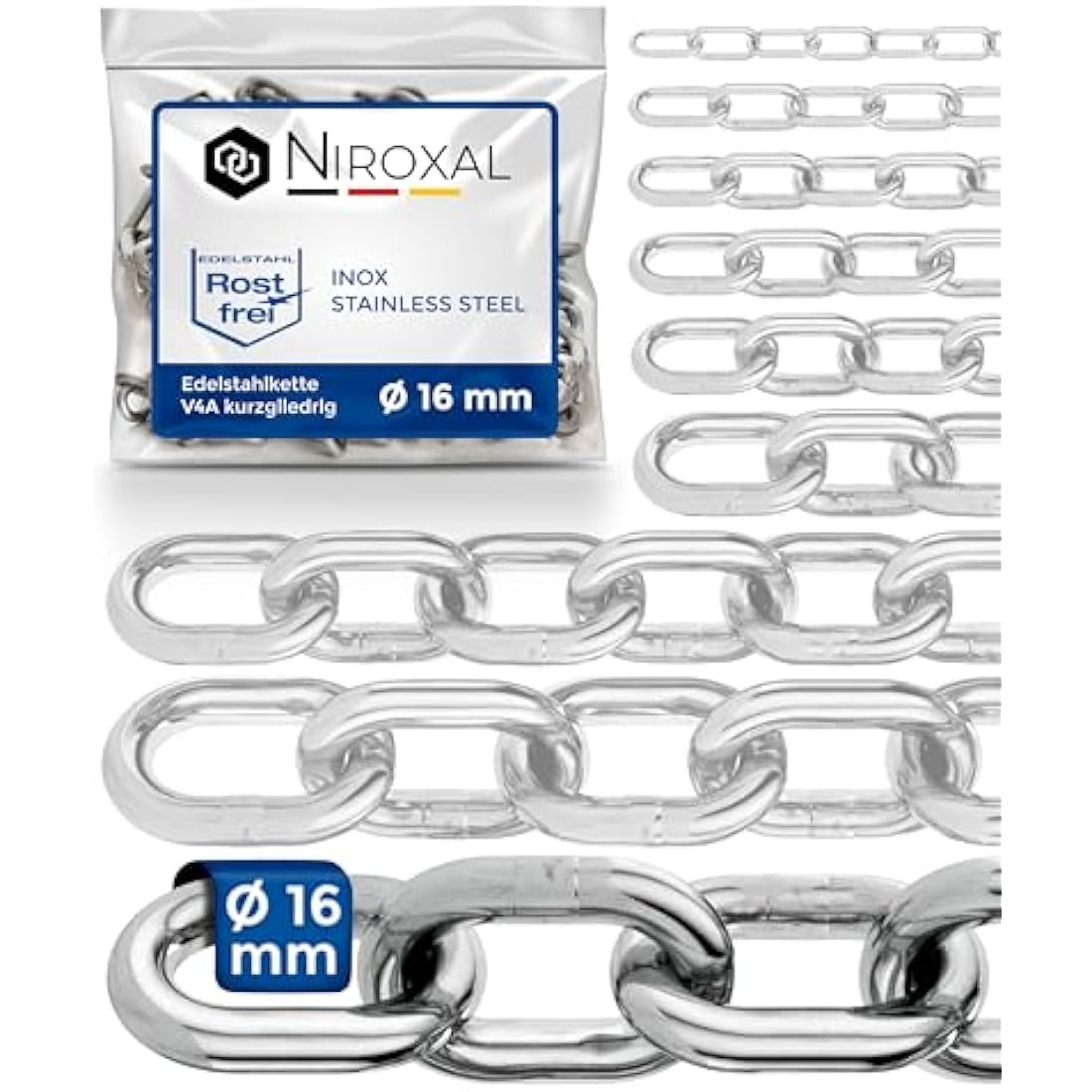 Jolof Store Ankerkette 16mm V4A Edelstahl – 1,5m Kurzgliedrige Kette