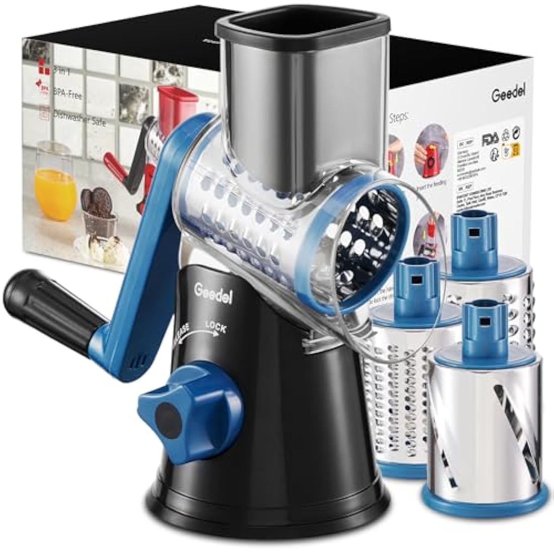 Geedel Rotary Cheese Grater | 3-Blade Manual Vegetable Slicer by Jolof