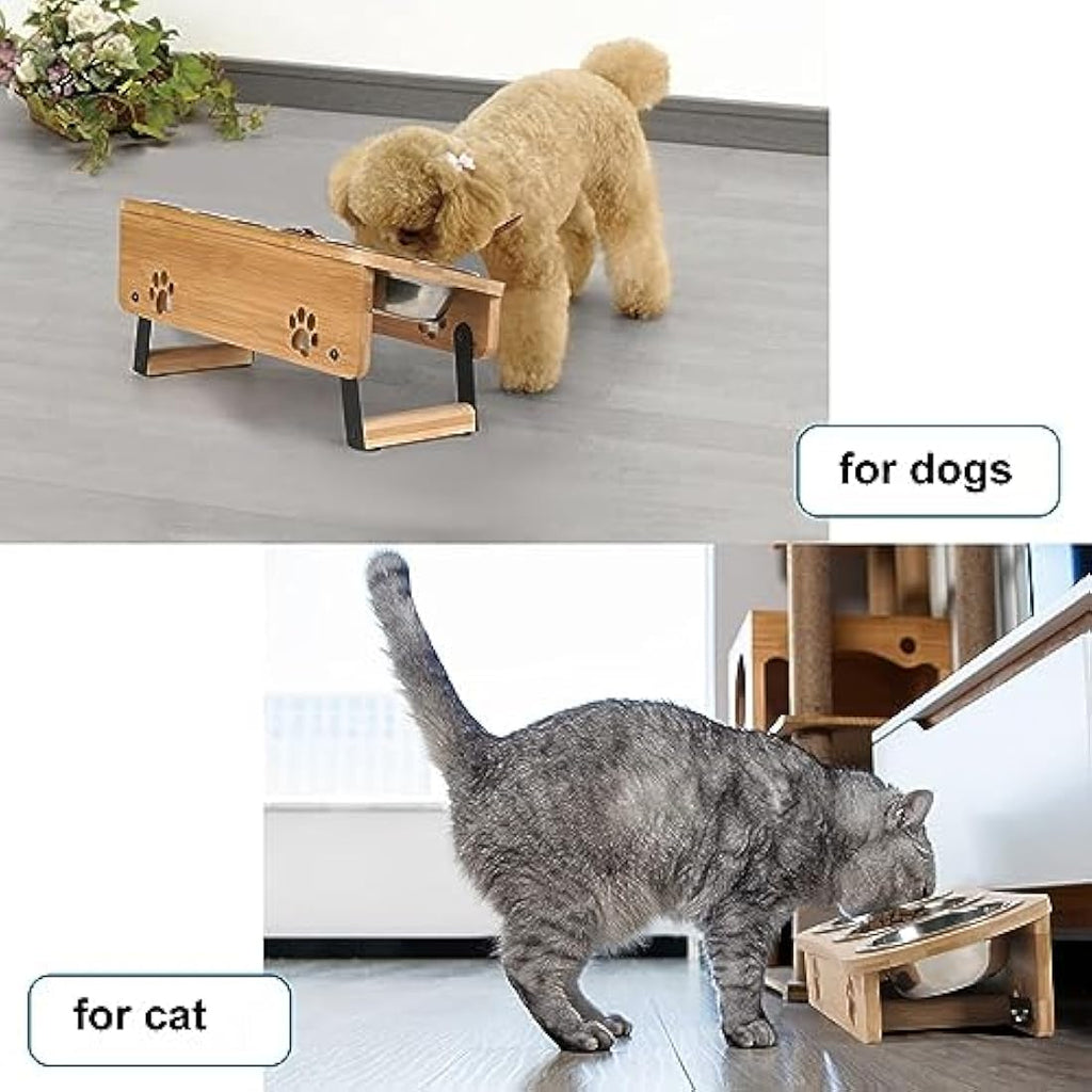 Raised Cat Feeding Station | 3 Stainless Steel Bamboo Bowls