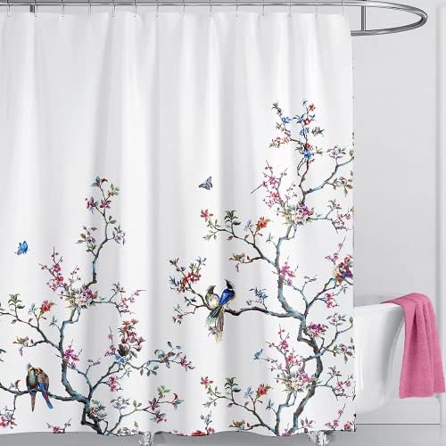 LIVETTY Floral Bird Shower Curtain | 200x200cm Extra Long Waterproof Fabric