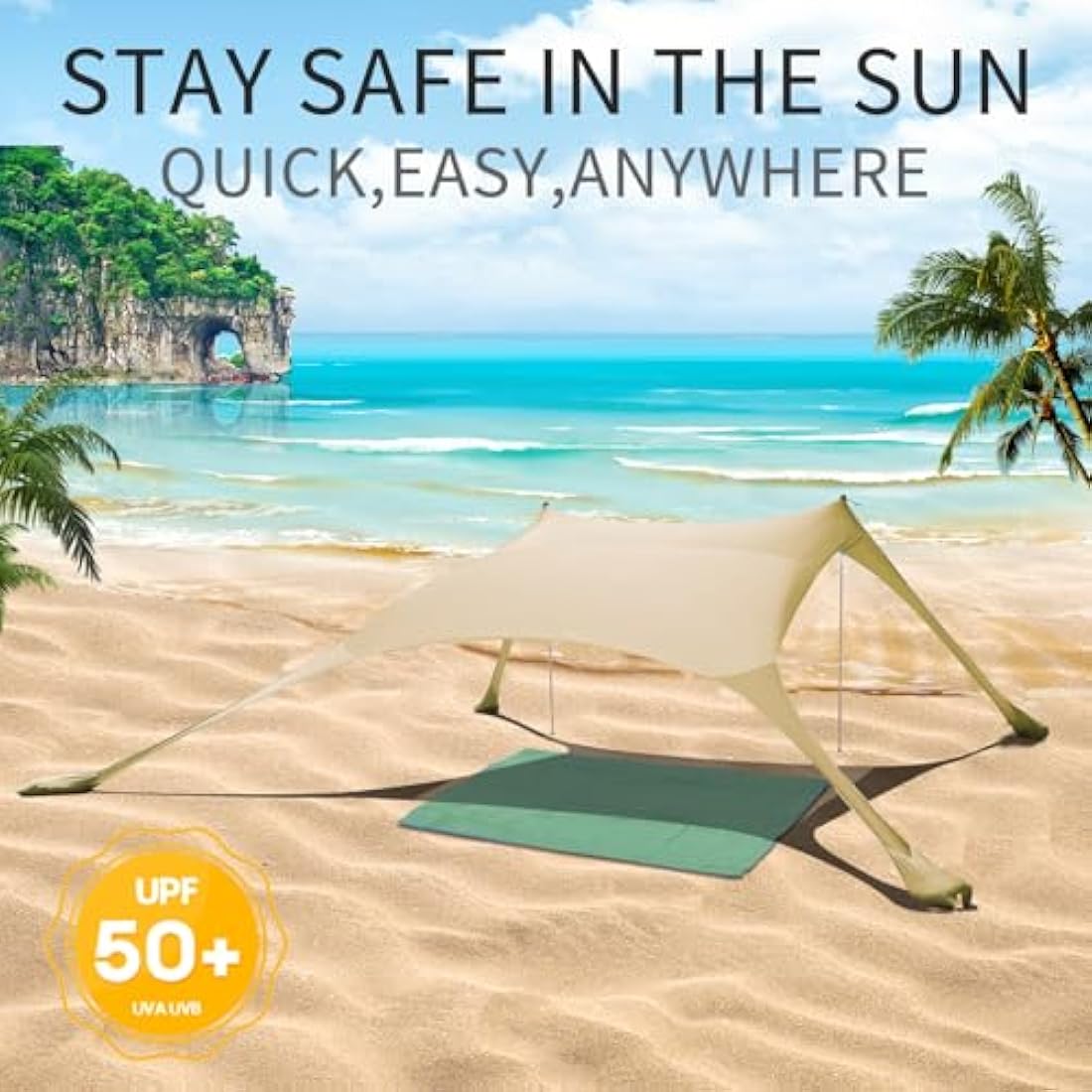 CUUPO 7x7ft Beach Tent Sun Shelter – UPF 50+ Lycra Canopy with 2 Poles