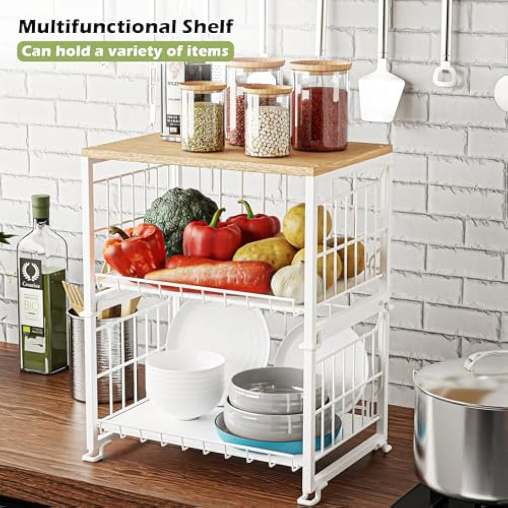 UMDONX 3-Tier Kitchen Fruit Basket – Metal Vegetable Storage Rack with Wood Top