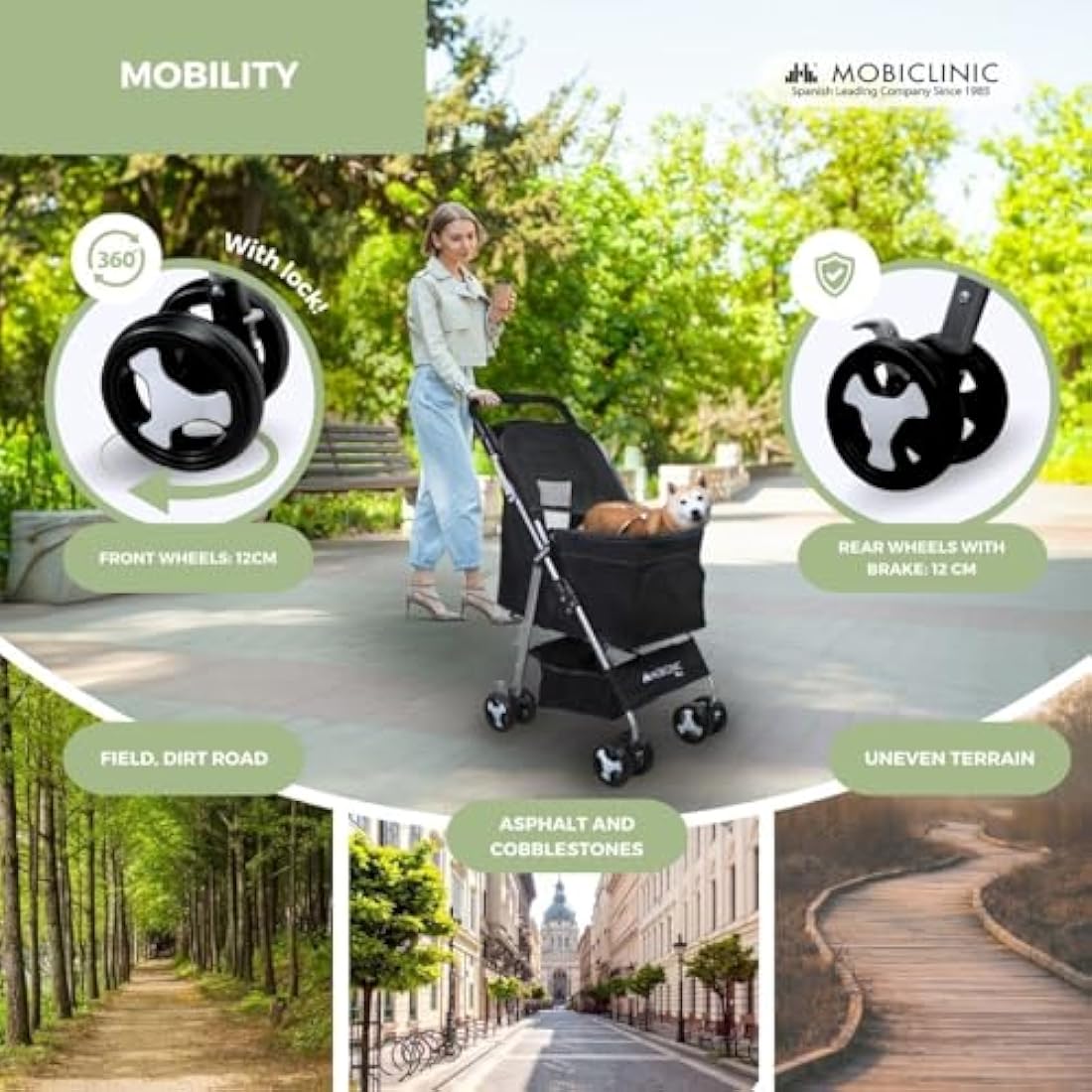 Mobiclinic Zuma Foldable Dog Pram - Pet Stroller for Small Dogs, Black