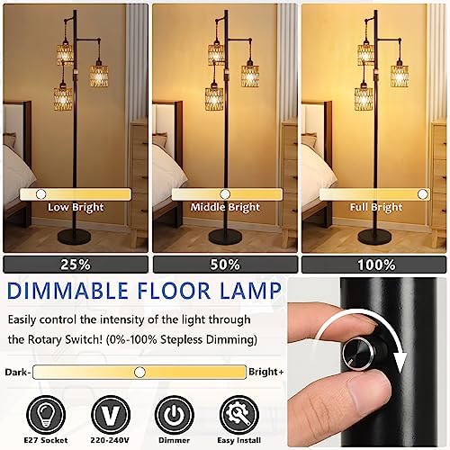Rayofly Rattan Floor Lamp | Dimmable 3-Light Boho Standing Lamp for Living Room