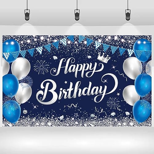 Happy Birthday Banner – Blue & Silver Fabric Party Backdrop