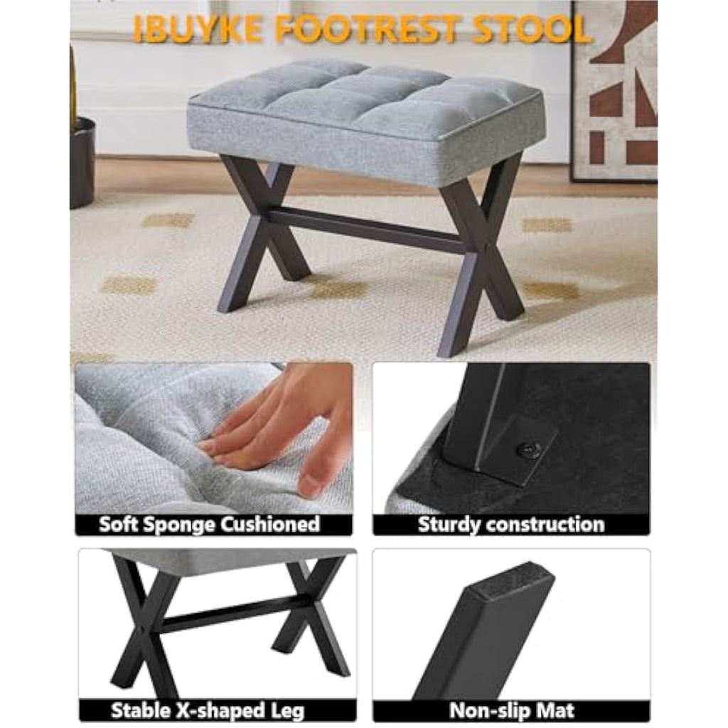 IBUYKE Small Square Linen Footrest Stool | Modern Metal X-Leg Vanity Seat