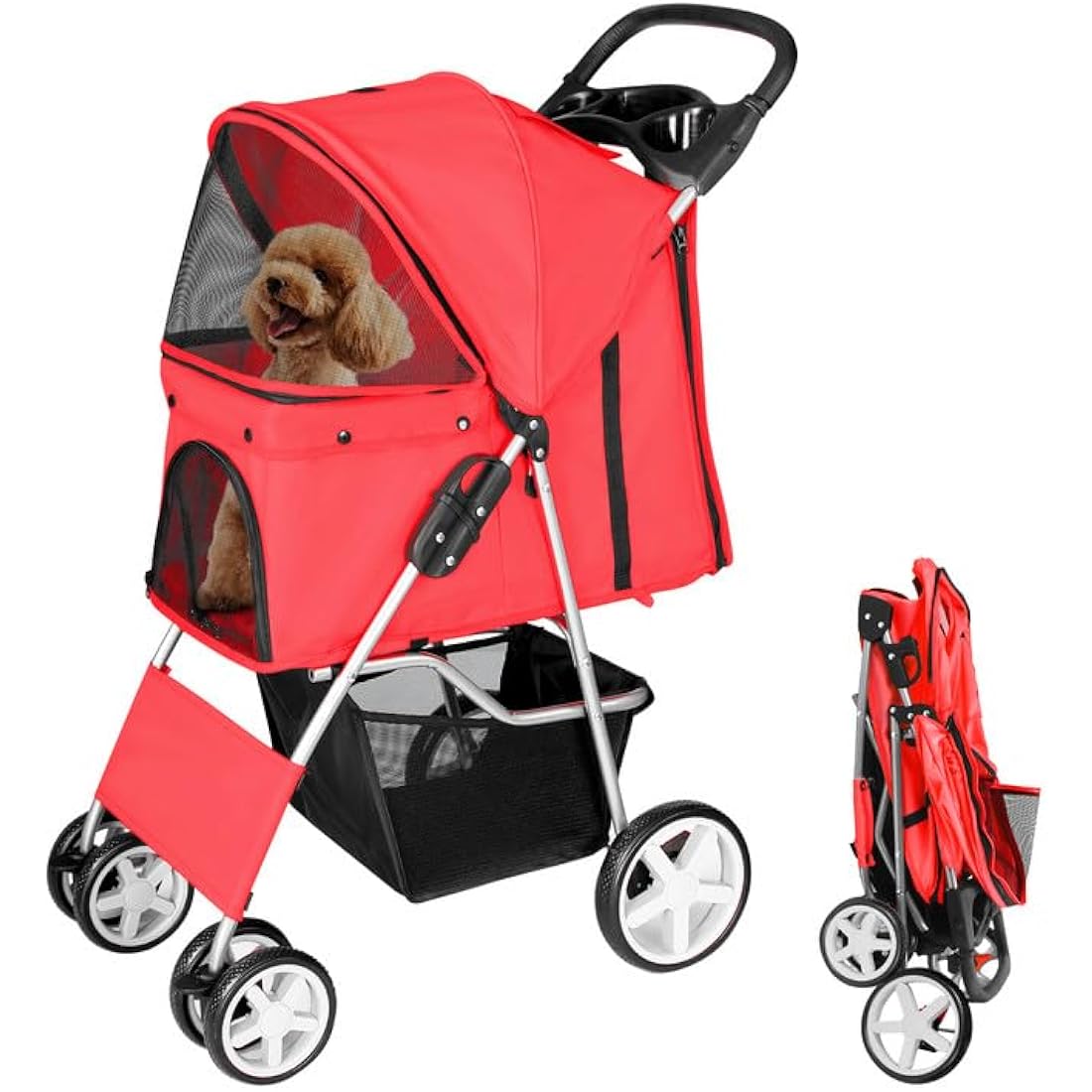 Display4top 4-Wheel Pet Travel Stroller - Foldable Dog & Cat Buggy, Red
