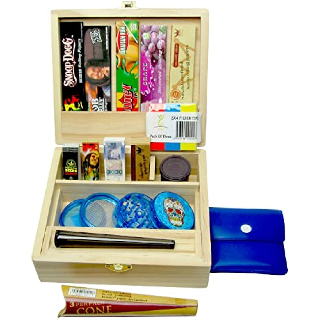 Large Pine Wooden Rolling Box Gift Set with Papers & Tips