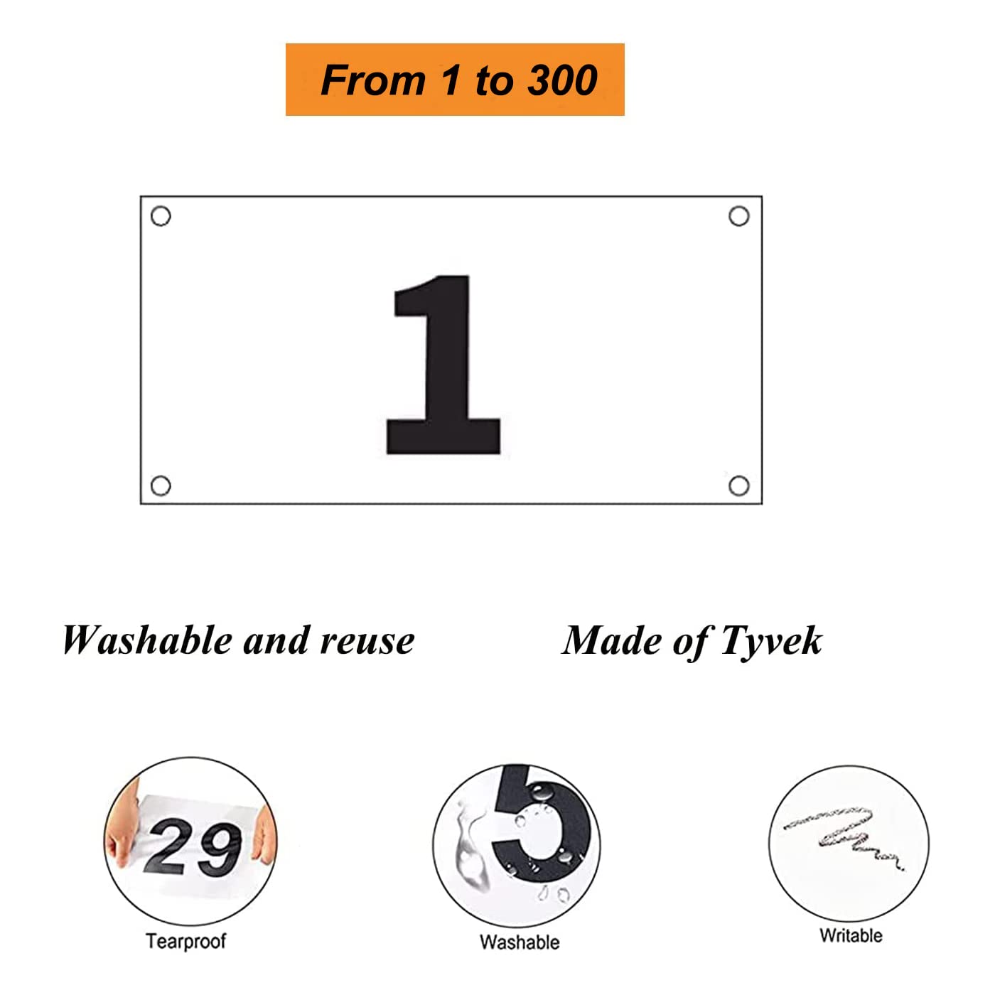 Kyzistn Tyvek Running Race Bibs 1-300 | Waterproof Marathon Numbers