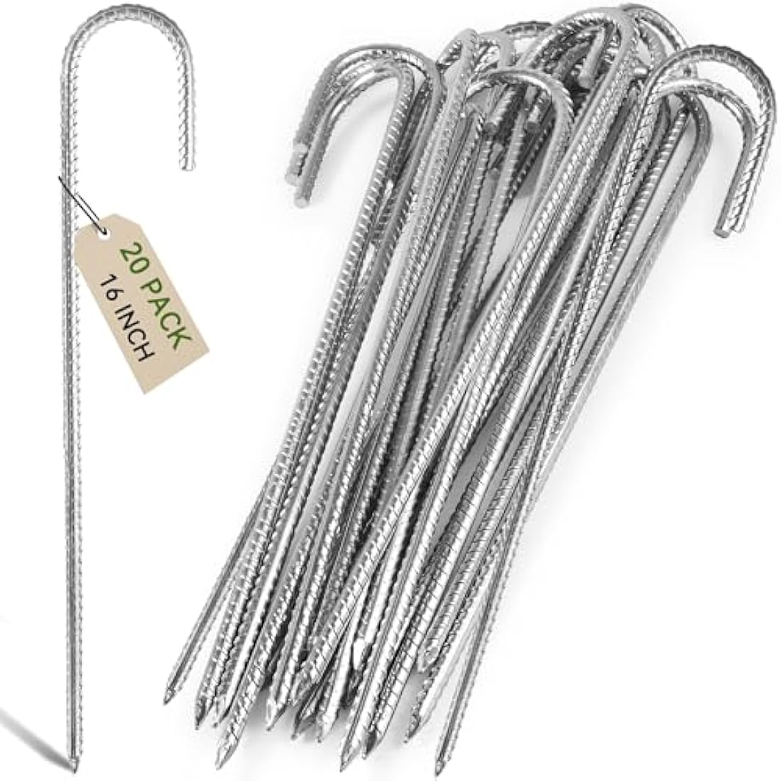 Graxury 16" Heavy Duty Galvanized Steel J Hook Rebar Stakes - 20 Pack