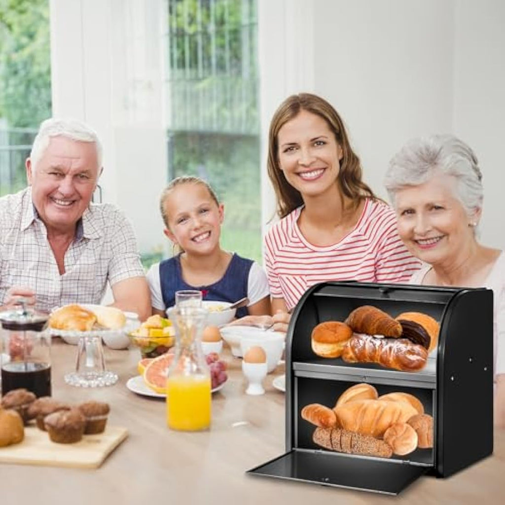 Dyserbuy 2-Layer Large Bread Bin | Black Stainless Steel Roll Top Box