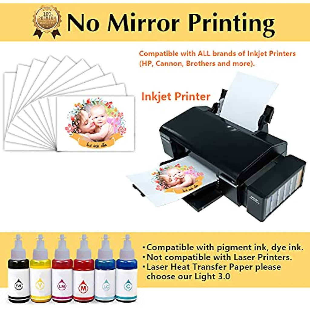 TransOurDream Inkjet Heat Transfer Paper for Light Fabrics - 100 Sheets