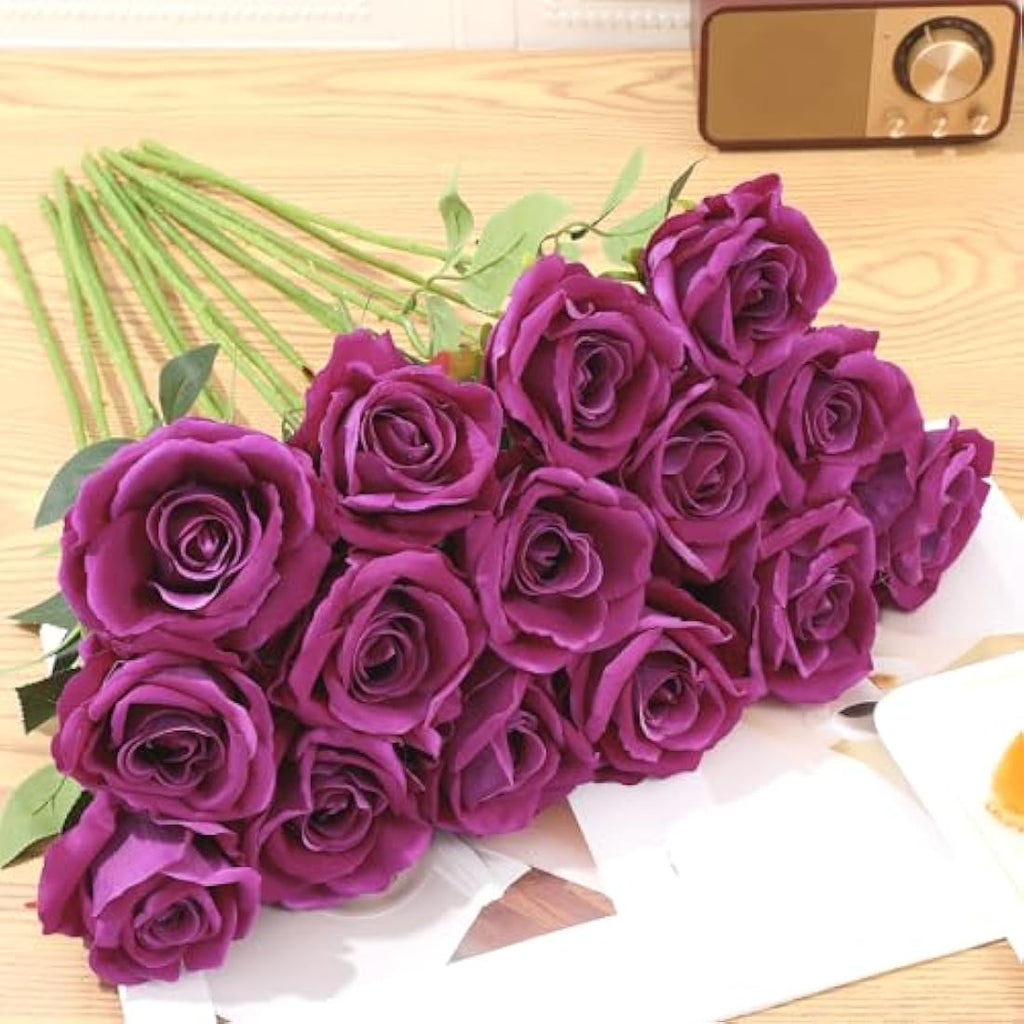 Cloudecor Purple Velvet Artificial Roses - 15Pcs Long Stem Silk Flowers