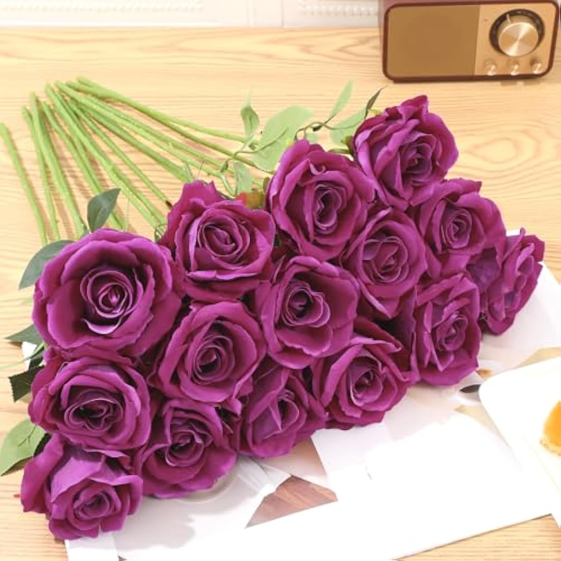 Cloudecor Purple Velvet Artificial Roses - 15Pcs Long Stem Silk Flowers