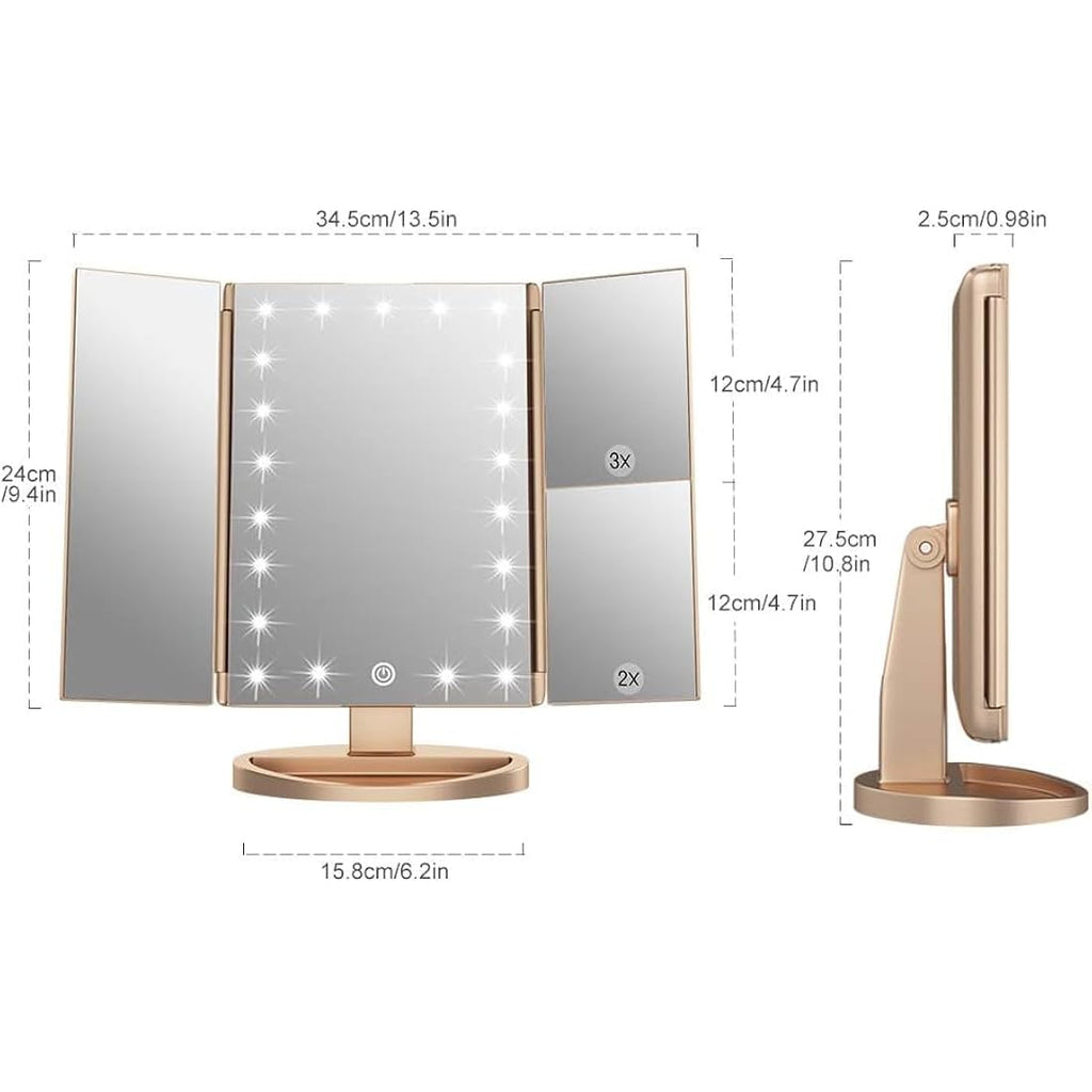 WEILY Tri-Fold LED Makeup Mirror | 2X/3X Magnifying Vanity Mirror - Gold