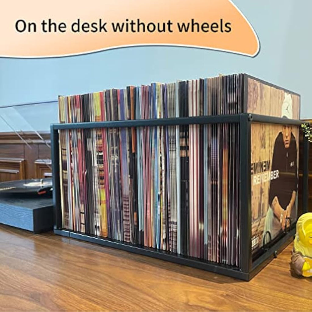 Vinyl Record Storage Holder – Metal 100 LP Stand with Wheels