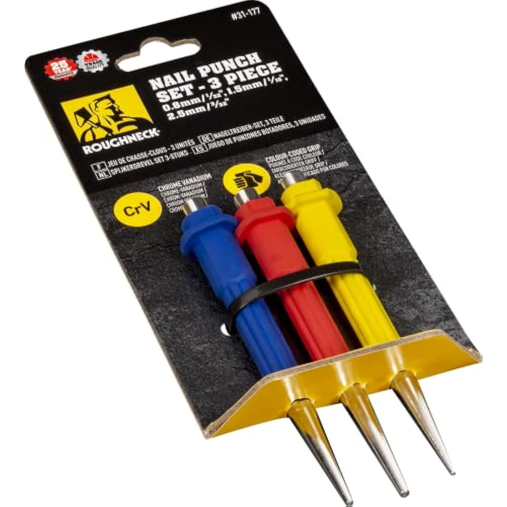 Roughneck 3-Piece Nail Punch Set | Hardened Steel with Color Coded Grips
