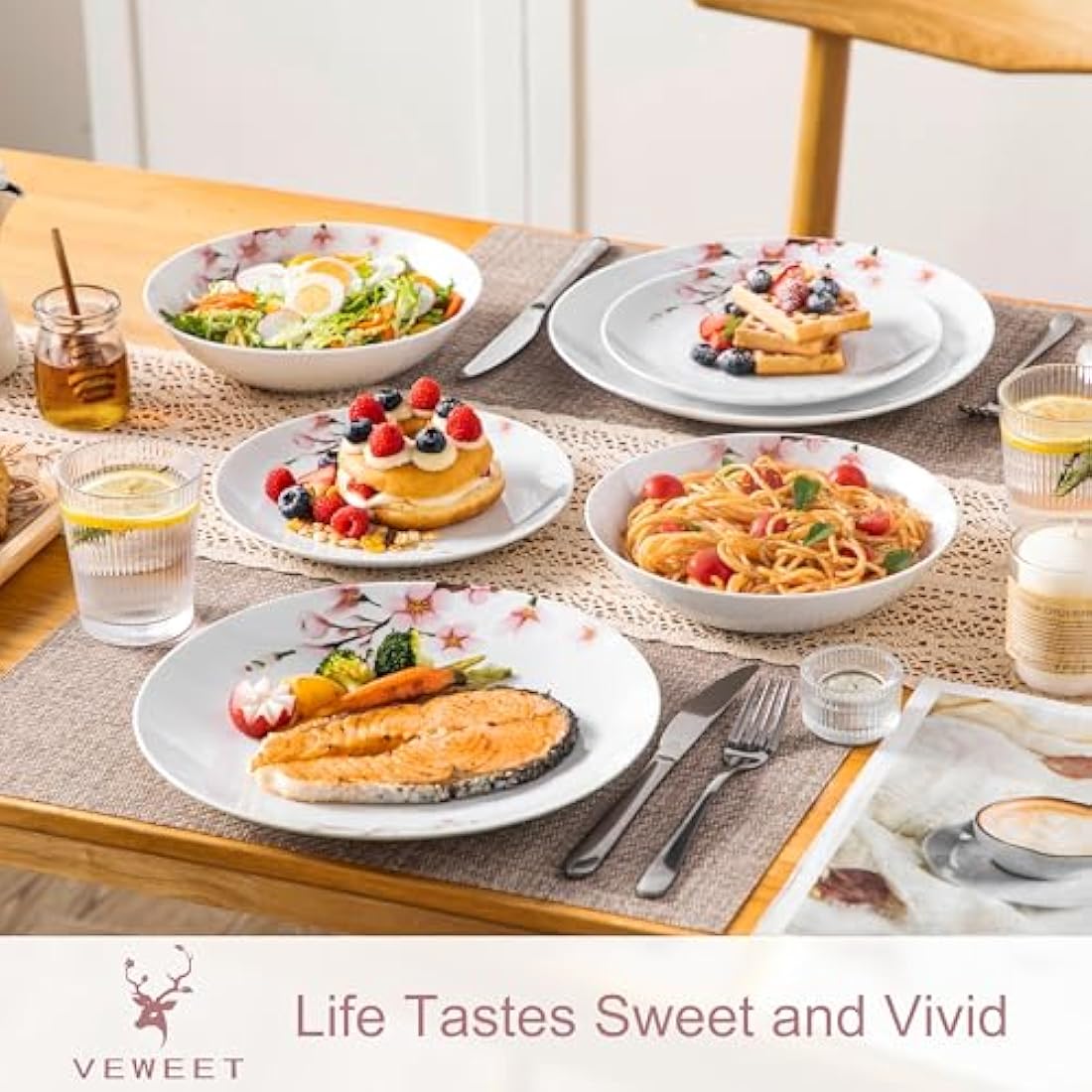 VEWEET Annie 18-Piece Porcelain Dinnerware Set for 6 | Floral Ceramic