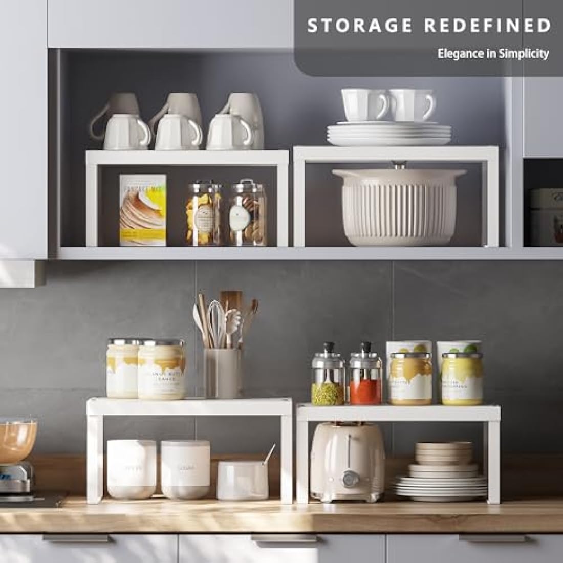 Jolof Store Kitchen Cupboard Organiser – 4-Pack Metal Stackable Shelf Rack
