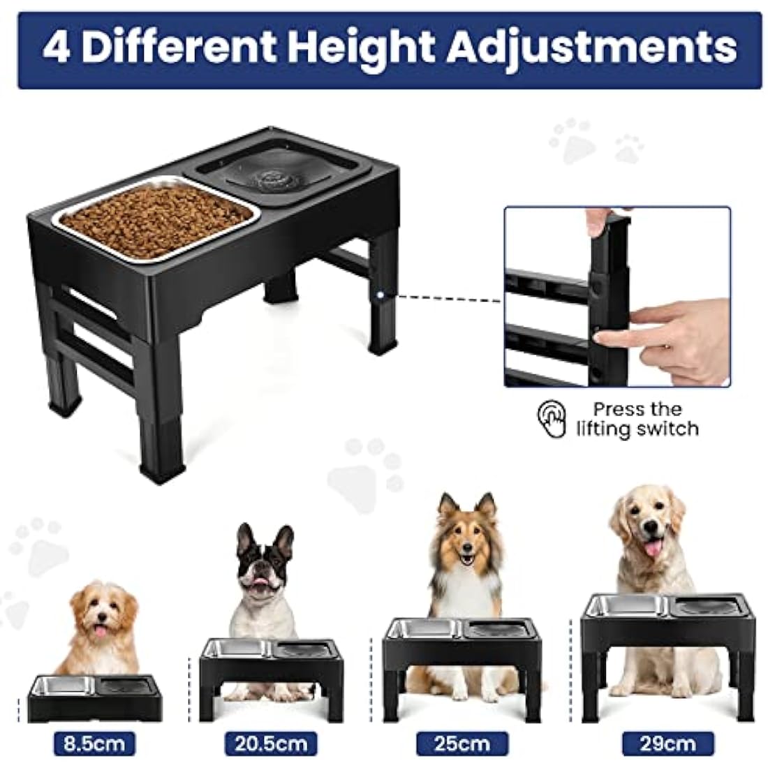 PETTOM Raised Dog Bowl | 4 Height Adjustable Elevated Stainless Steel Feeder