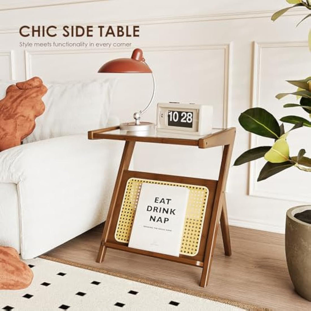 Bamworld Boho Rattan Side Table | Bamboo & Glass Z-Shaped Nightstand