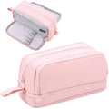 Tesmien Large Pencil Case | 4-Compartment Canvas Stationery Bag - Pink