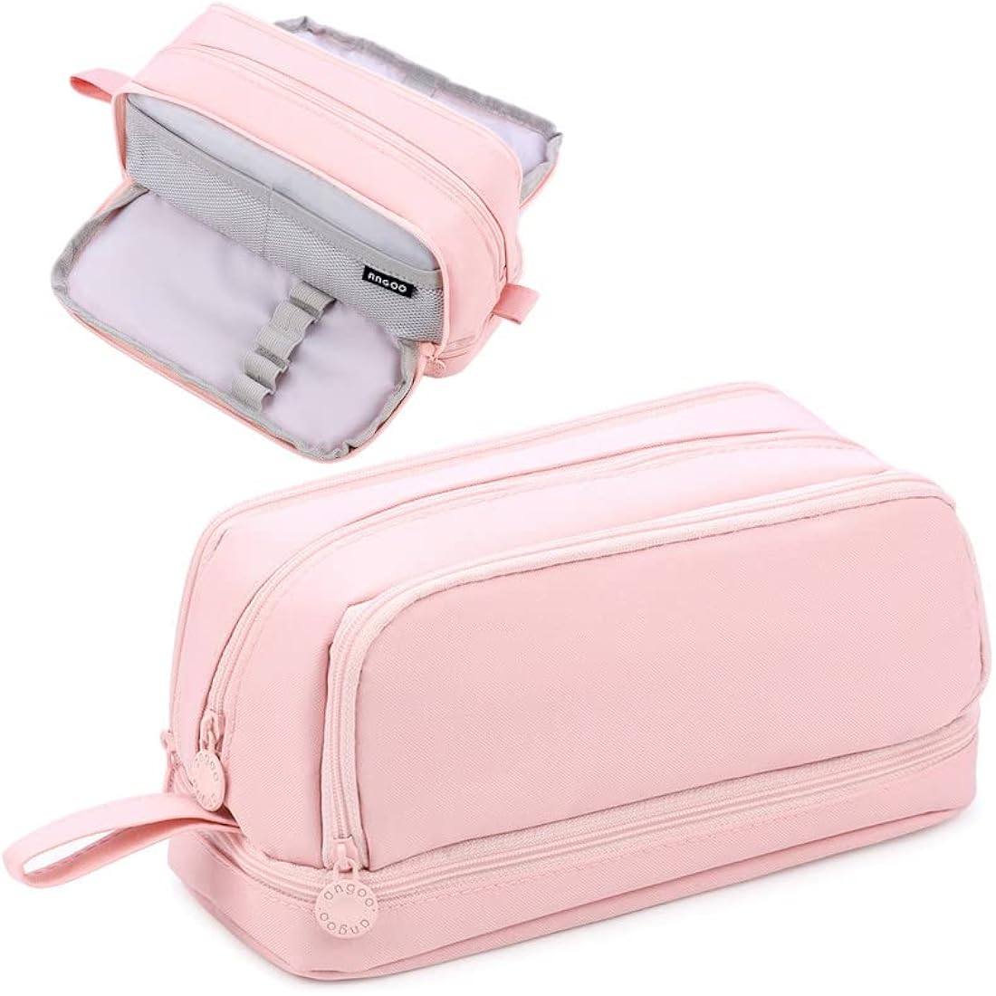 Tesmien Large Pencil Case | 4-Compartment Canvas Stationery Bag - Pink