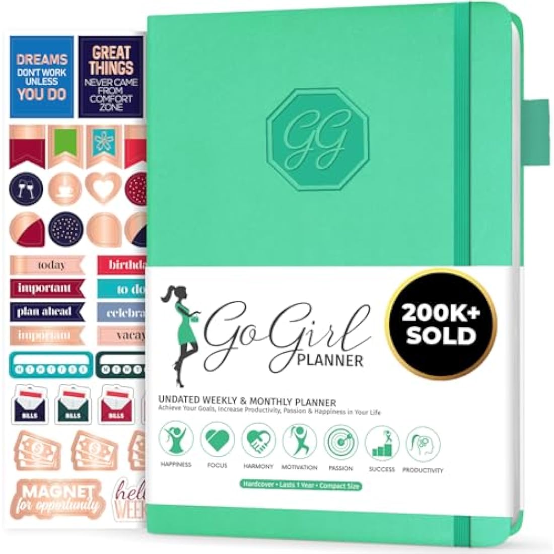 GoGirl Undated Weekly Planner – Compact Goal Organizer & Journal, Emerald