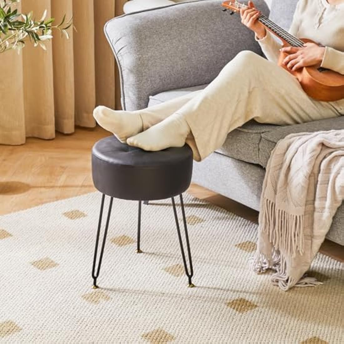 IBUYKE Faux Leather Round Vanity Stool – Modern Footrest with Gold Legs