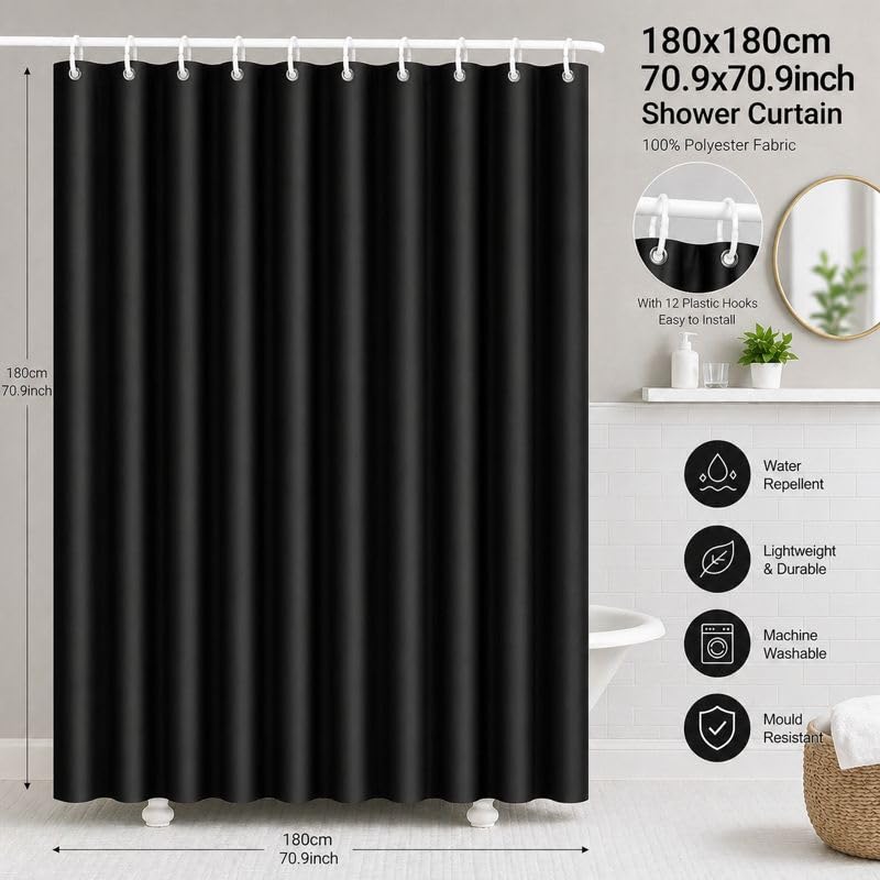 FAVORTALK Black Shower Curtains Waterproof Polyester Fabric Shower Curtain Mould Proof Mildew Resistant 180x180cm Solid Bathroom Curtain Set with 12 - image 2