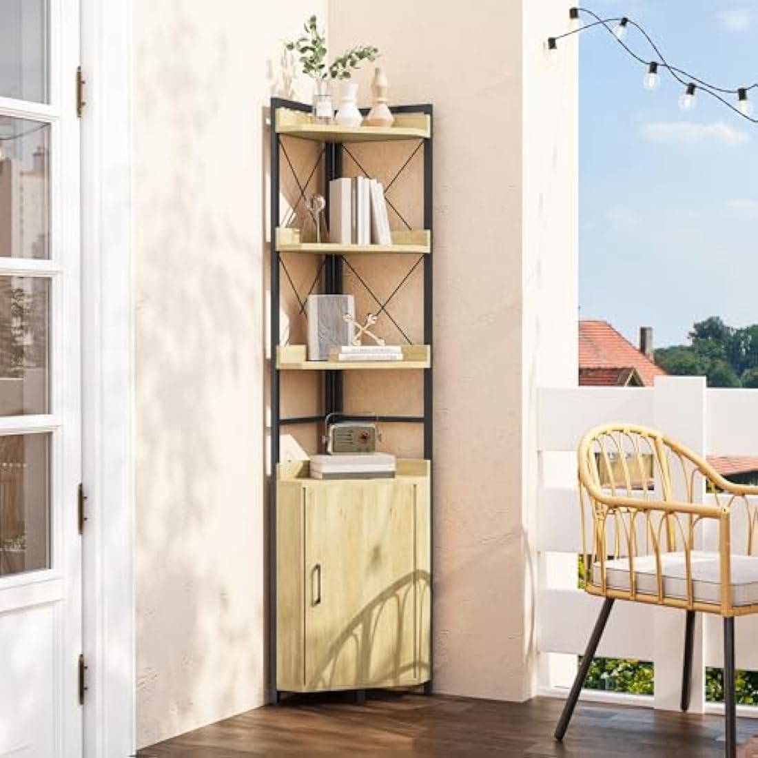 YITAHOME 4-Tier Industrial Corner Shelf with Cabinet | Oak Wood & Metal