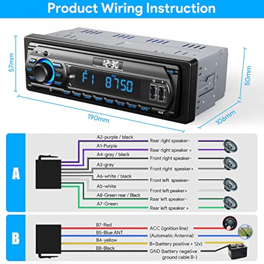 Wistrue 1 DIN Car Radio Bluetooth Stereo – 9-24V AM/FM RDS MP3 Player