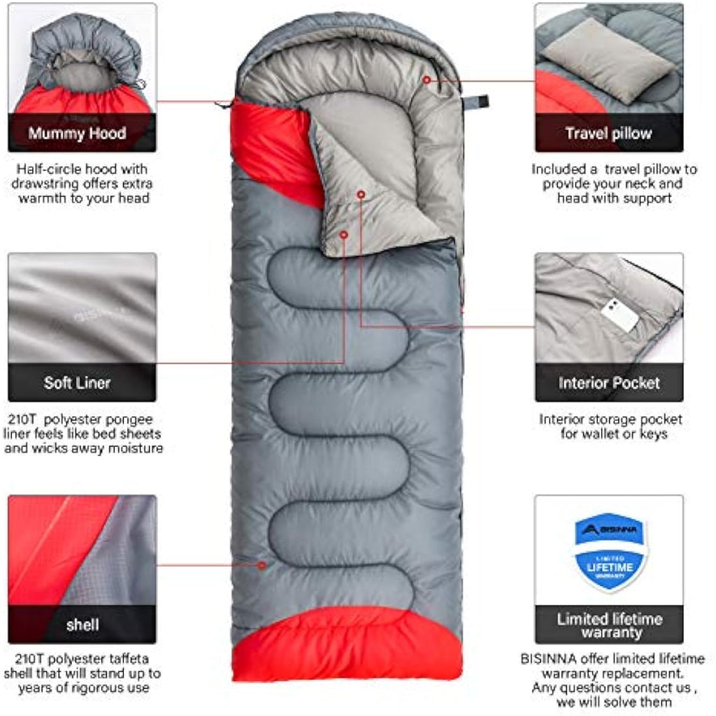 BISINNA 4-Season Sleeping Bag with Pillow | Waterproof Camping Gear