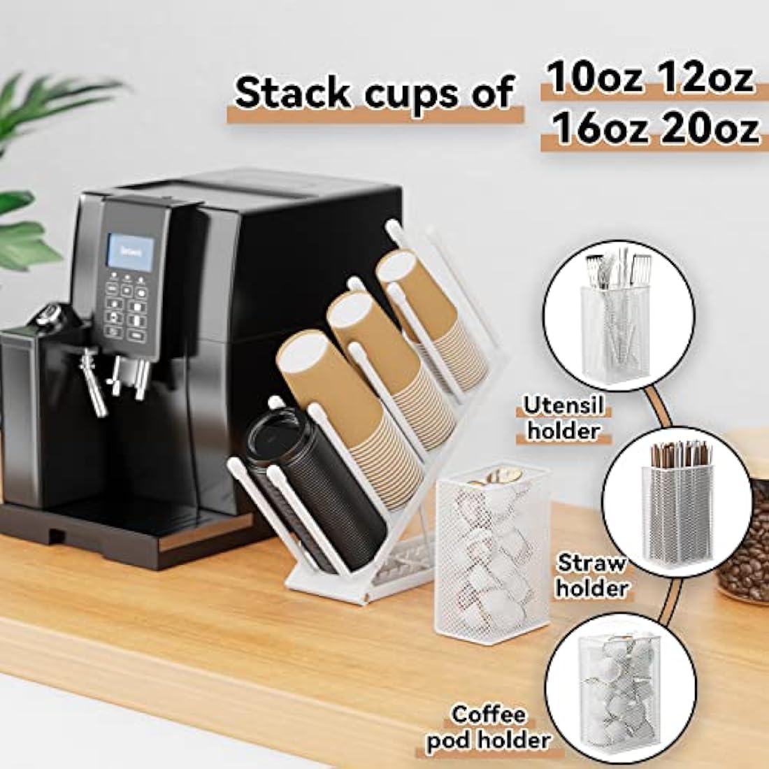 Ovicar Adjustable 4 Compartment Metal Cup and Lid Holder with Mesh Basket