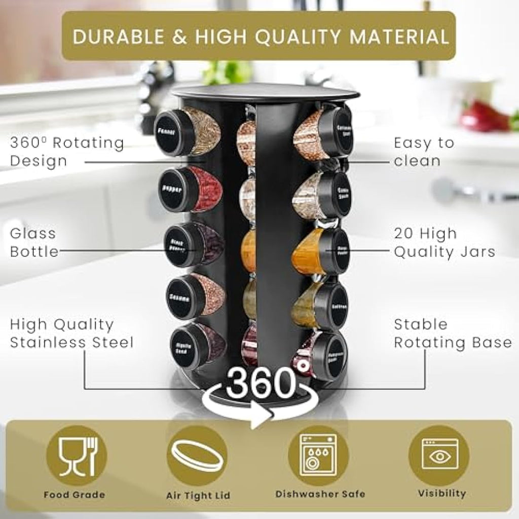 Rotating Spice Rack – 20 Glass Jars Stainless Steel Organizer