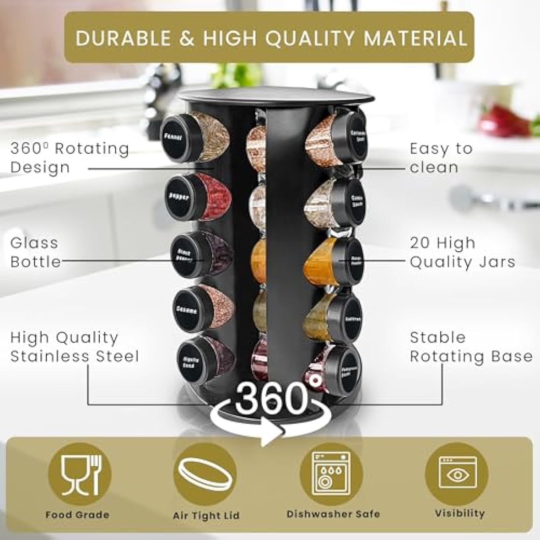 Rotating Spice Rack – 20 Glass Jars Stainless Steel Organizer