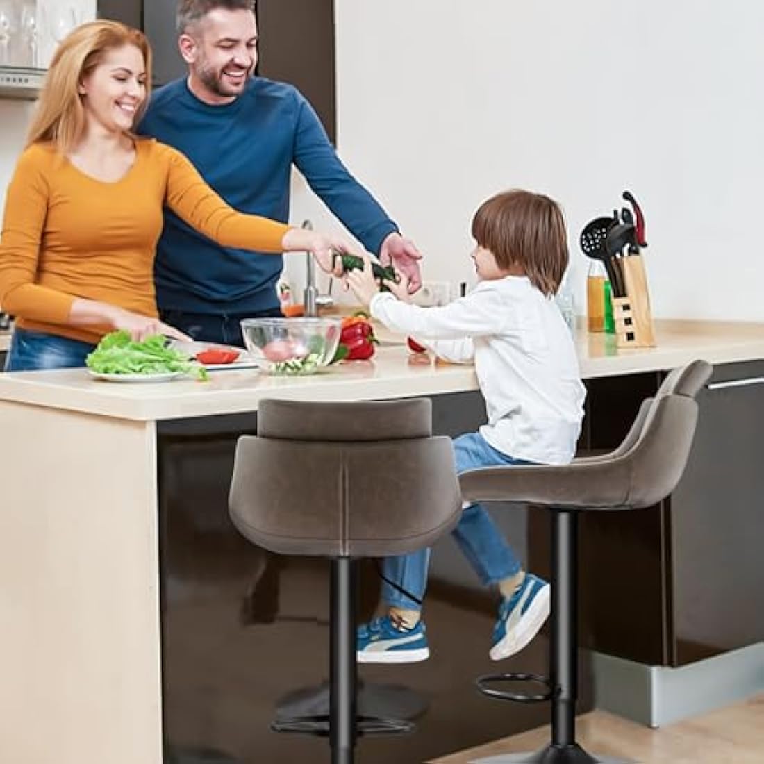Jolof Store Bar Stools Set of 2 – Brown Swivel PU Leather Kitchen Chairs