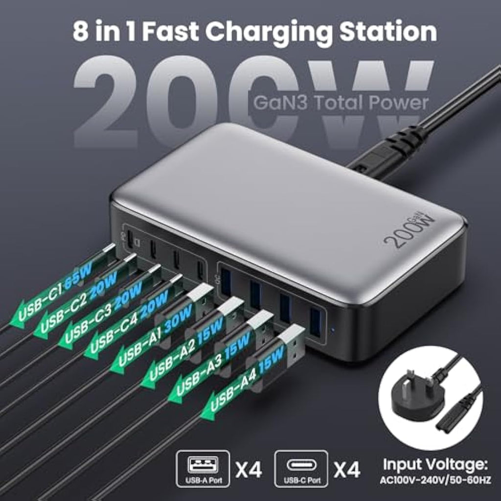 Jolof Store 200W USB C Fast Charger – 8-Port GaN III Charging Station Hub