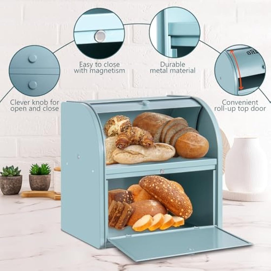 Dyserbuy Large 2-Layer Metal Bread Bin with Roll Top Lid - Green