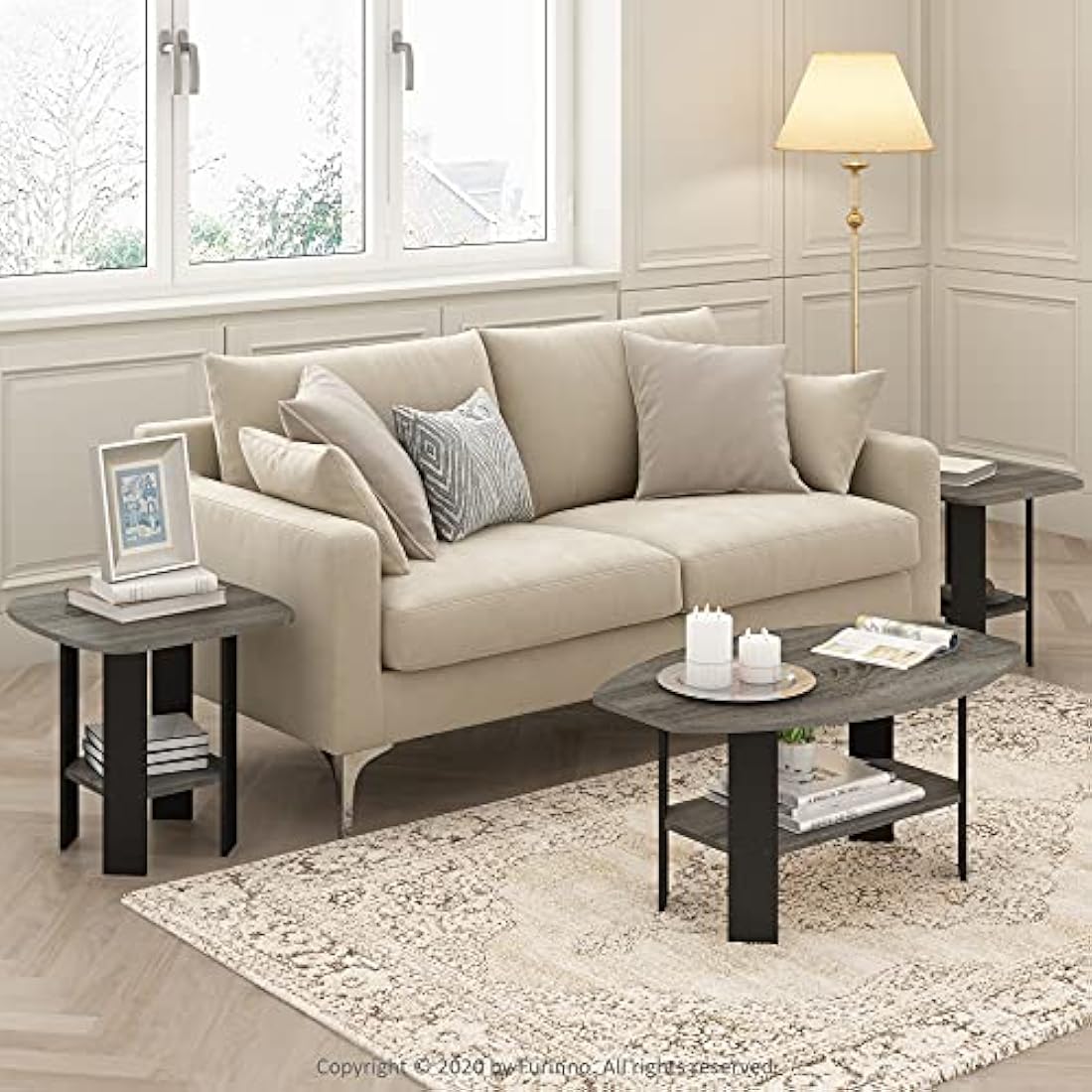 Furinno Simple Design Coffee Table | French Oak & Black Side Table
