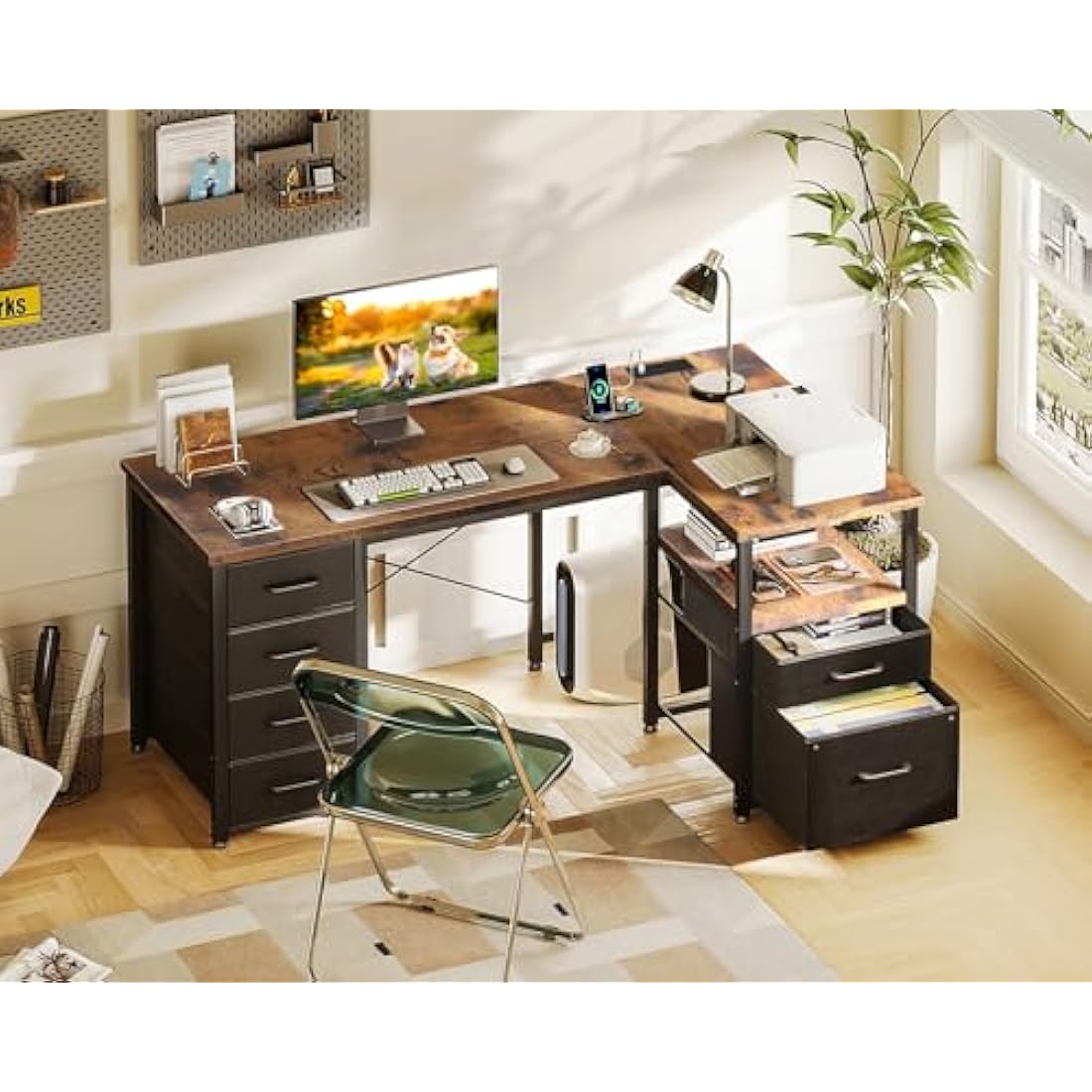 L-Shaped Computer Desk with Drawers and Power Outlet
