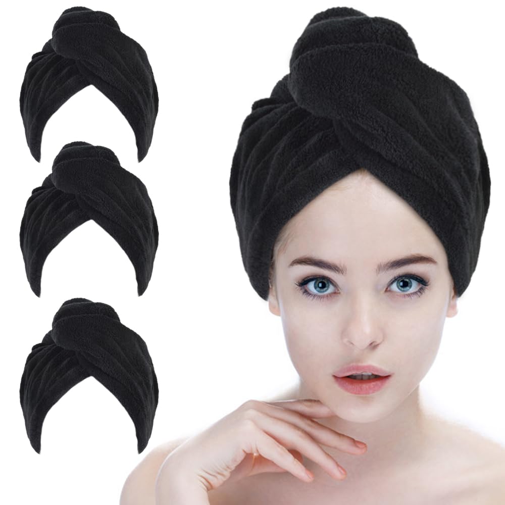 SINLAND Microfiber Hair Drying Turban – Fast Drying Towel 3 Pack | Black