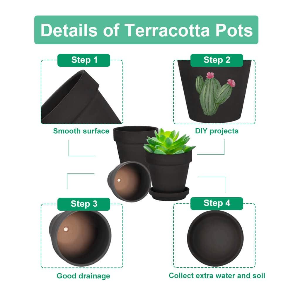 Vensovo Black Terracotta Pots with Saucers - 15cm Clay Planters, 4 Pack