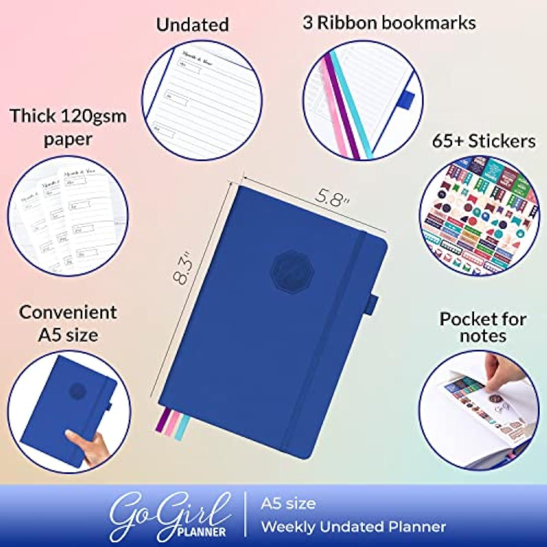 GoGirl Undated Weekly Planner – A5 Eco-Leather Goal Journal, Royal Blue
